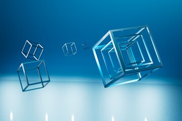 Poster - abstract background. blue cubes of different sizes on a blue background from below illuminated with white neon light. 3d render. 3d illustration
