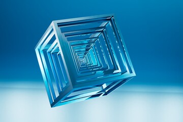 Poster - abstract background. several blue cubes located inside a large cube on a blue background from below illuminated with white neon light. 3d render. 3d illustration