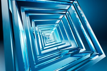 Poster - abstract background. perspective. a tunnel of patterns of blue polyhedrons illuminated with white neon light on a blue background. 3d render. 3d illustration