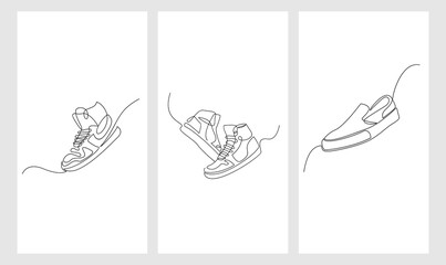Wall Mural - set collection Vector illustration of sneakers sports shoes in a continuous one line isolated white background