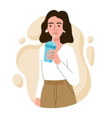 Take Care of Health. Woman drinks milkshake, character takes care of her health. Proper and healthy diet and nutrition with necessary macro and microelements. Cartoon flat vector illustration