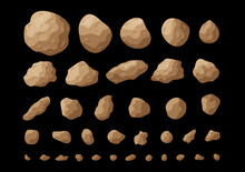 Cartoon Space Asteroids Vector Illustration Set. Colorful Collection Of Isolated Space Stones And Asteroids, Belt Rocks And Meteorites On Black Background For Cosmic Concept Art.
