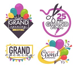 Ribbon and scissors balloons and confetti grand opening isolated icons vecto