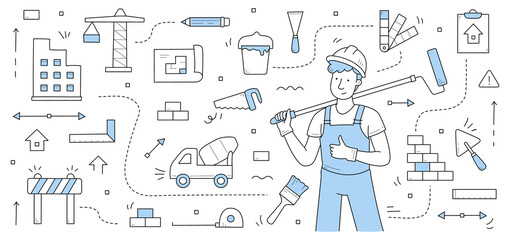 Wall Mural - Construction and building doodle concept. Repair service worker in uniform with roller tool. Builder, repairman, renovation employee or foreman character with equipment, Line art vector illustration