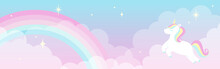 Vector Background With A Rainbow Unicorn In Cloudy Sky For Banners, Cards, Flyers, Social Media Wallpapers, Etc.