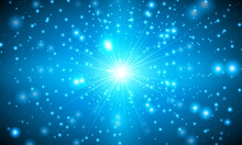Bright Blue Sun Flare. Bright Glow From A Searchlight. Realistic Shine On A Dark Background. Space Explosion On A Dark Background.
