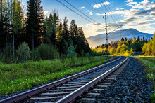 Sweden, Jamtland County, Are, Empty Railroad Tracks At Dawn With Forested Landscape In Background
