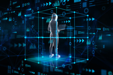 Poster - Hacker with laptop computer standing inside abstract cube hologram on blurry blue background. Metaverse, software, future and data center concept. Double exposure.
