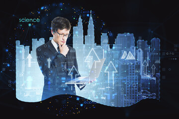 Poster - Attractive thoughtful young european businessman with laptop and abstract city hologram, arrows and business chart. Smart city and future concept. Double exposure.