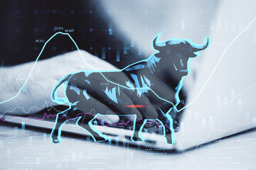 Aufkleber - Concept of bullish market. Close up of businessman hands using laptop keyboard with glowing bull hologram over forex chart on blurry background. Trade and invest concept. Double exposure.