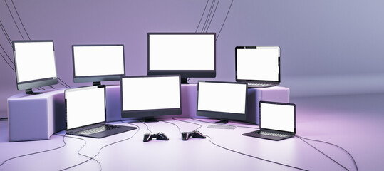 Poster - A lot of gaming TV and computer screens and joysticks on purple backdrop. Video games concept. Mock up, 3D Rendering.