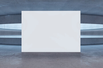 Poster - Modern futuristic light round cylindrical interior with empty white mock up poster and structure curve. 3D Rendering.
