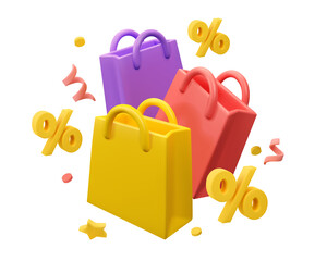 3d shopping bag icon. Vector render discount illustration. Sale concept