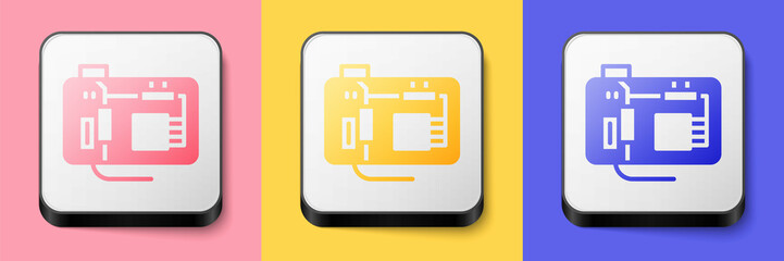 Poster - Isometric Electronic computer components motherboard digital chip integrated science icon isolated on pink, yellow and blue background. Circuit board. Square button. Vector