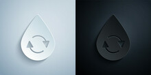 Paper Cut Recycle Clean Aqua Icon Isolated On Grey And Black Background. Drop Of Water With Sign Recycling. Paper Art Style. Vector