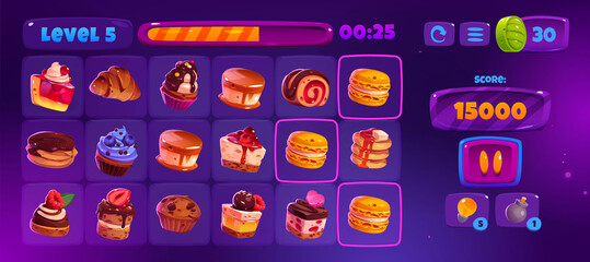 Poster - match 3 game interface with cute cakes icons, buttons and assets. vector cartoon illustration of mob