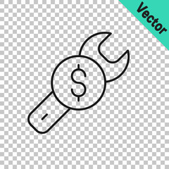 Black line Repair price icon isolated on transparent background. Dollar and wrench. Vector