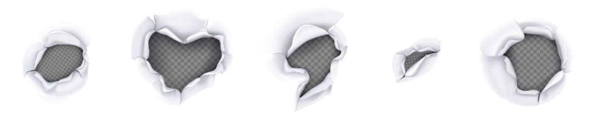 Poster - Holes in paper, pages with torn curve edges and gaps. Ripped white sheet, ragged teared and curled parts and peeling elements isolated on transparent background, Realistic 3d vector illustration, set