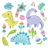 Fototapeta Dinusie - Vector set with cute dinosaurs and tropical leaves, palm trees, trees, cacti, flowers.