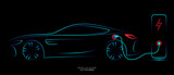 Electric car charging by sketch line side view blue green and red glowing light line isolated on black background. Vector illustration.