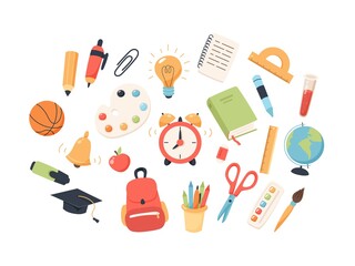 back to school collection of supplies for children. cute colorful vector illustration in flat cartoo