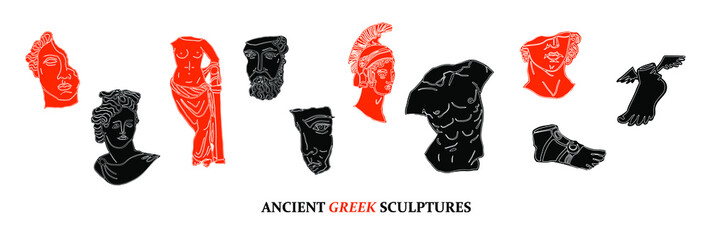 Wall Mural - Modern doodle linocut set of ancient Greek sculpture, vector illustrations for art and music event