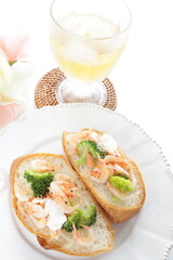 Wall Mural - Japanese 'Sakura Ebi' boiled shrimp and broccoli with cream cheese on French bread 