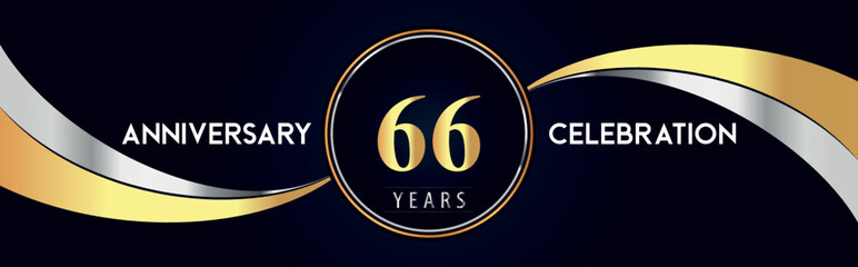 66 years anniversary celebration logo design with gold and silver creative shape on black pearl background. Premium design for poster, banner, weddings, birthday party, celebration event.