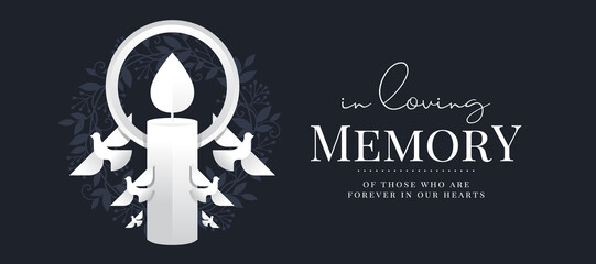 In loving memory, of those who are forever in our hearts text and white paper candle light and white birds fly around on circle leaf wreath on dark background vector design