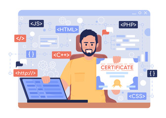Poster - Man holding certificate 2D vector isolated illustration. Developer flat character on cartoon background. Colourful editable scene for mobile, website, presentation. Comfortaa, Urbanist fonts used
