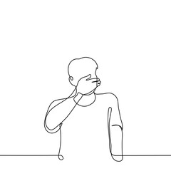 Poster - man standing with his hand on the bottom of his face - one line drawing vector. concept shocked by the news