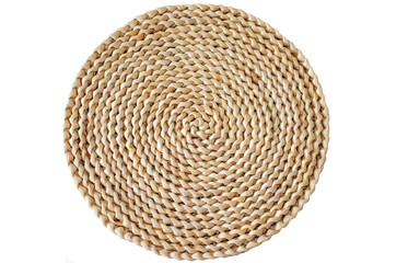 Light brown round hyacinth woven rug on insulated white background