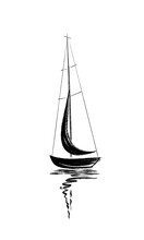 Boat In The Sea. Abstract Minimalistic Style. Hand Drawn In Black Ink, Brush And Paint Texture. 