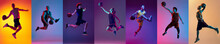 Sport Collage Of Images Of Professional Basketball Player In Action Isolated On Gradient Multicolored Background In Neon. Concept Of Motion, Action, Achievements, Challenges