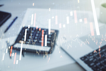 Poster - Multi exposure of virtual abstract financial graph hologram and world map on blurry calculator and computer background, financial and trading concept