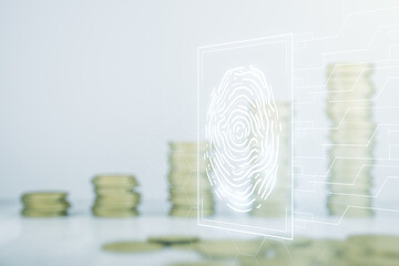 Aufkleber - Double exposure of virtual creative fingerprint hologram on growing stacks of coins background, research and development concept