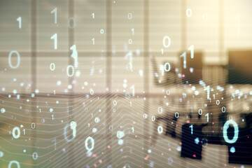 Aufkleber - Abstract virtual binary code hologram on a modern coworking room background, AI and machine learning concept. Multiexposure