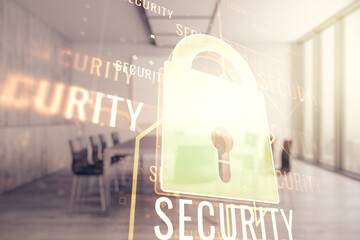 Poster - Double exposure of virtual creative lock hologram with chip on a modern meeting room background. Information security concept