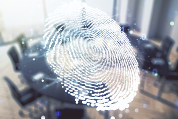 Poster - Multi exposure of virtual abstract fingerprint illustration on a modern conference room background, digital access concept