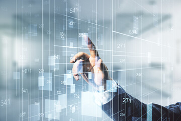 Poster - Double exposure of male hand working with abstract creative statistics data hologram on blurred office background, analytics and forecasting concept