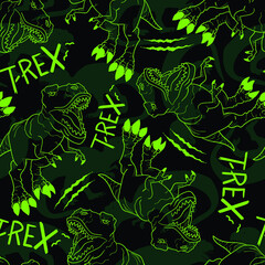 Seamless  bright Dino pattern, print for T-shirts, textiles, wrapping paper, web. Original design with t-rex, dinosaur.  grunge design for boys and girls