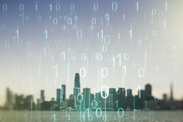 Aufkleber - Abstract virtual binary code hologram on San Francisco cityscape background, AI and machine learning concept. Multiexposure
