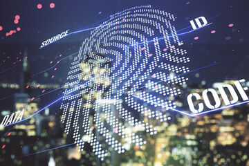 Aufkleber - Multi exposure of virtual abstract fingerprint illustration on blurry skyline background, digital access concept