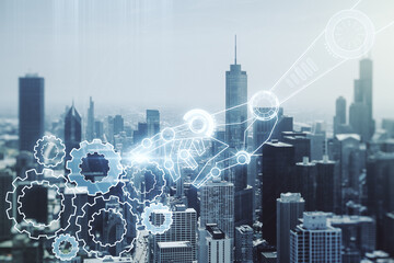 Aufkleber - Abstract virtual robotics technology sketch on Chicago office buildings background, future technology and AI concept. Double exposure