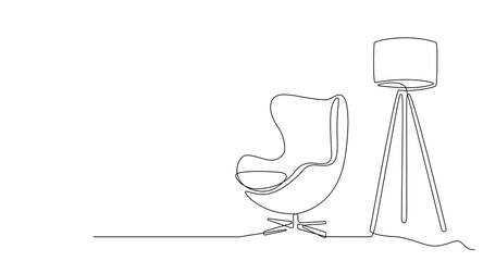 Continuous One line interior with armchair and floor lamp. Single line drawing of Living room with modern furniture editable stroke. Handdraw contour. Doodle vector