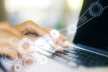 Aufkleber - Creative abstract robotics technology hologram and hands typing on computer keyboard on background, artificial intelligence and machine learning concept. Multi exposure
