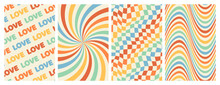Groovy Rainbow Backgrounds. Checkerboard, Chessboard, Mesh, Waves, Swirl, Twirl Pattern. Twisted And Distorted Vector Texture In Trendy Retro Psychedelic Style. Hippie 70s Aesthetic.