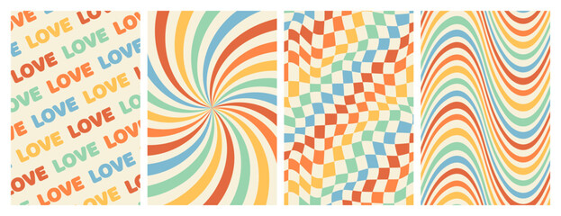 Wall Mural - Groovy rainbow backgrounds. Checkerboard, chessboard, mesh, waves, swirl, twirl pattern. Twisted and distorted vector texture in trendy retro psychedelic style. Hippie 70s aesthetic.
