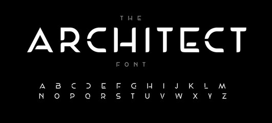 Wall Mural - Bold futuristic font alphabet letters. Modern typography. Minimal architecture typographic design. Future letter set for architect logo, space style headline, monogram type. Isolated vector typeset