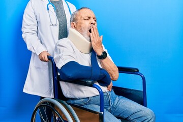 Sticker - Handsome senior man with beard sitting on wheelchair with neck collar bored yawning tired covering mouth with hand. restless and sleepiness.